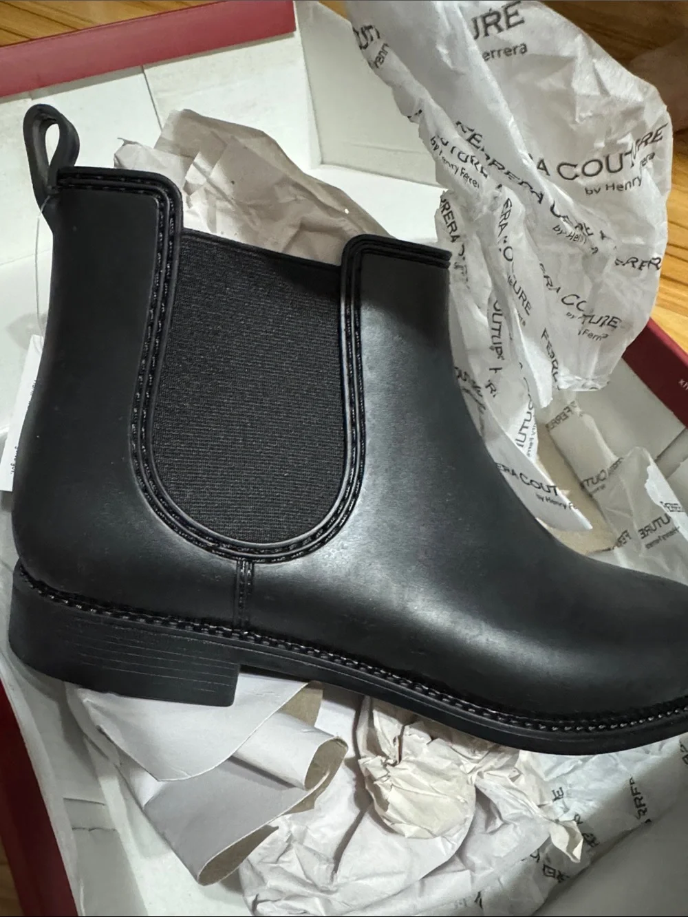Womens rubber Black Boots - Smooth Leather Slip-On